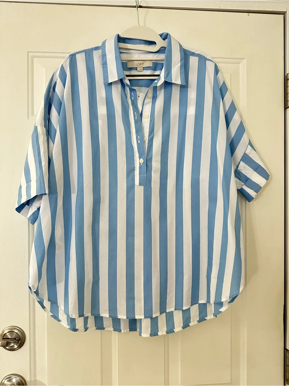 Loft Striped Henley Dolman Everyday Oversized Shirt Top Size Large NWT - Picture 2 of 9